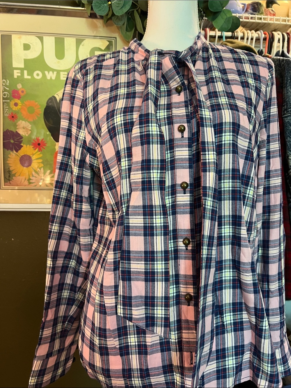 Boden Pink and Navy Plaid Tie-Neck Blouse